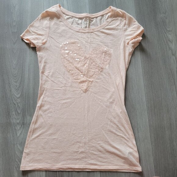 American Eagle Sequin Heart Tee Short Sleeve Womens Top Pale Pink size M - Picture 4 of 5